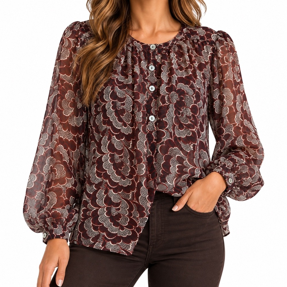 Evereve NWT Chiffon Blouse Rust Multi Women Large Long Sleeve Balloon Sheer Top